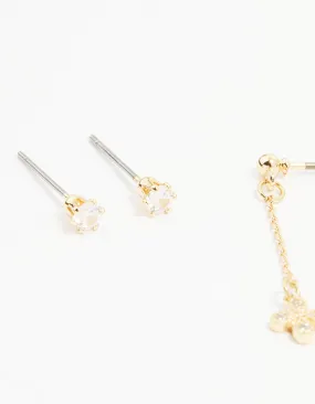 Pretty Essential Classic Selection Gold Cubic Zirconia Chain & Stud Earrings 3-Pack
