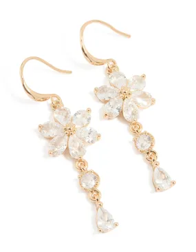 Gold Cubic Zirconia Flower Hook Drop Earrings Industrial Adornment