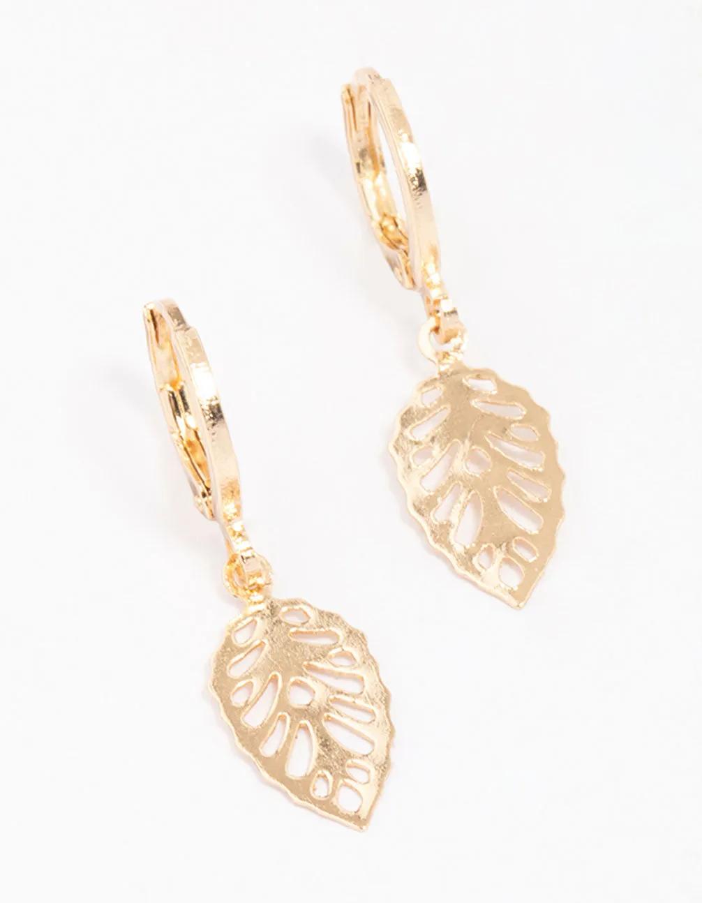 Gold Cut-Out Leaf Huggie Hoop Earrings Petite Jewelry Triangular Ornament