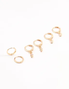 Gold Dainty & Round Cubic Zirconia Hoop Earrings 3-Pack Modern Decoration Pretty Adornment