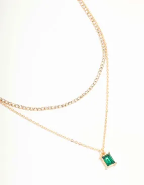 Timeless Highlight Gold Diamante & Baguette Cut Green Diamante Layered Necklace