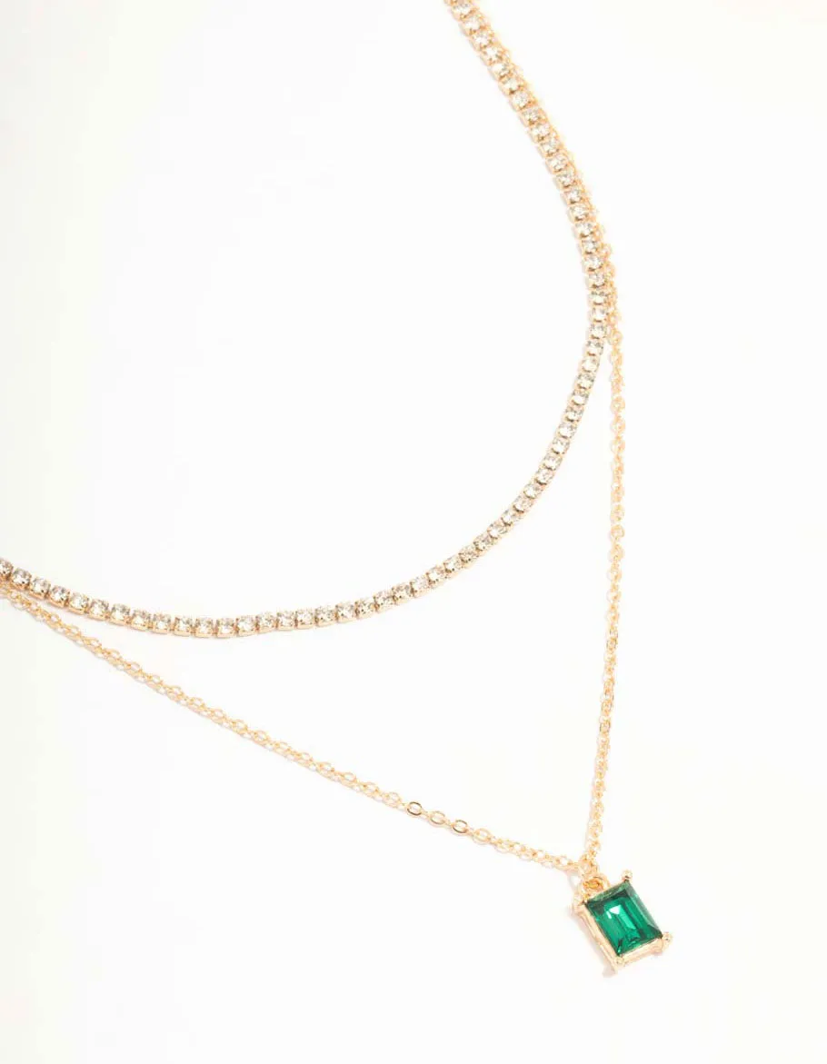 Timeless Highlight Gold Diamante & Baguette Cut Green Diamante Layered Necklace