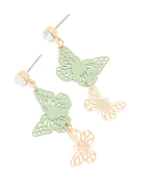Chic Jewelry Iridescent Embellishment Gold Diamante & Green Coated Motel Butterfly Drop Earrings