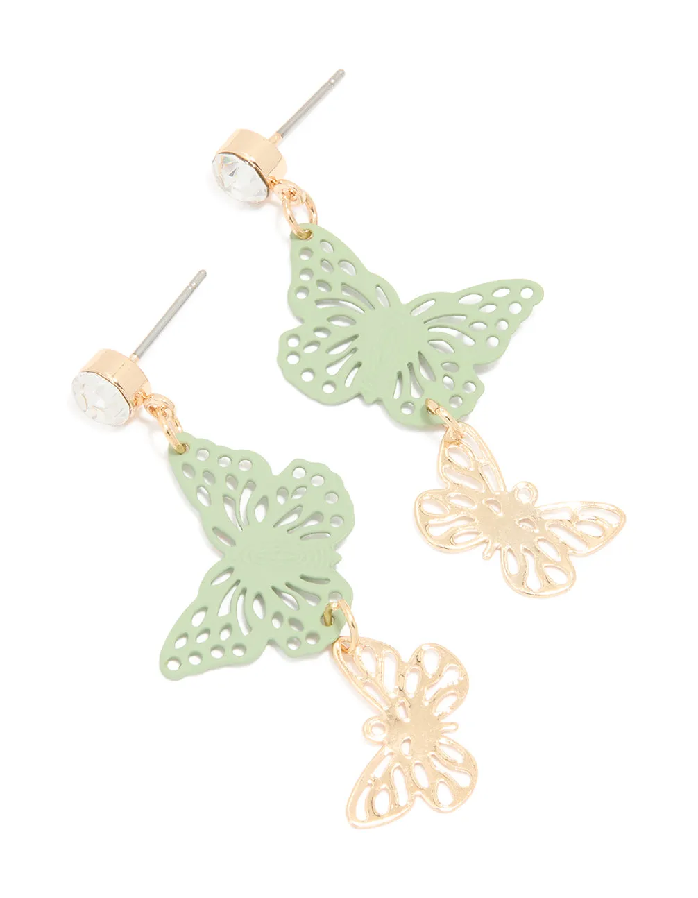 Chic Jewelry Iridescent Embellishment Gold Diamante & Green Coated Motel Butterfly Drop Earrings