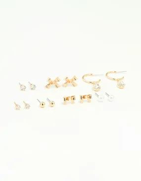 Sturdy Adornment Gold Diamante & Pearl Earrings Stack 7-Pack
