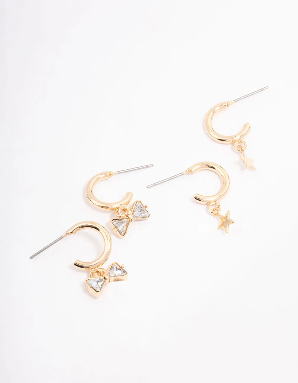 Stylish Aesthetic Comfortable Decor Gold Diamante Bow & Star Hoop Earring Pack