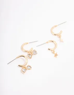 Stylish Aesthetic Comfortable Decor Gold Diamante Bow & Star Hoop Earring Pack