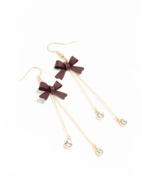 Trendy Piece Minimalist Appearance Gold Diamante Brown Bow Drop Earrings