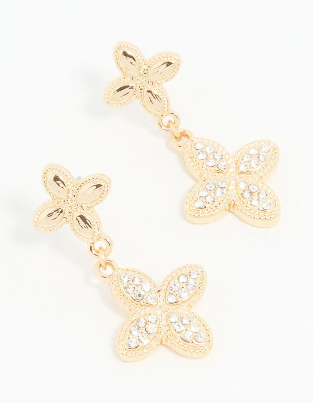 Brilliant Design Geometric Piece Gold Diamante Double Flower Drop Earrings