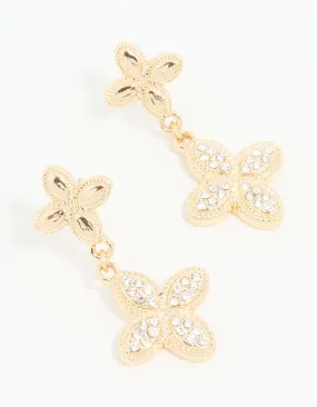 Brilliant Design Geometric Piece Gold Diamante Double Flower Drop Earrings