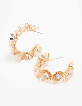 Gold Diamante Flower Hoop Earrings Avant-Garde Embellishment Dainty Trinket