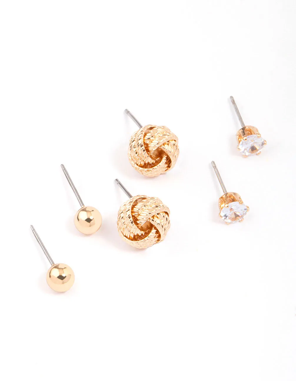 Refined Piece Polished Item Gold Diamante Knotted Stud Earring 3-Pack