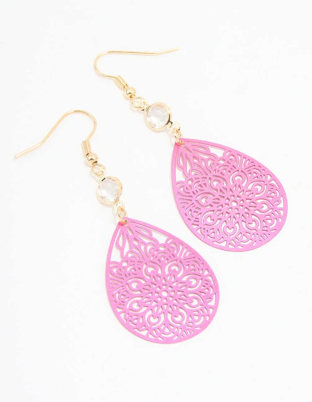 Gold Diamante Pink Filigree Drop Earrings Vibrant Adornment