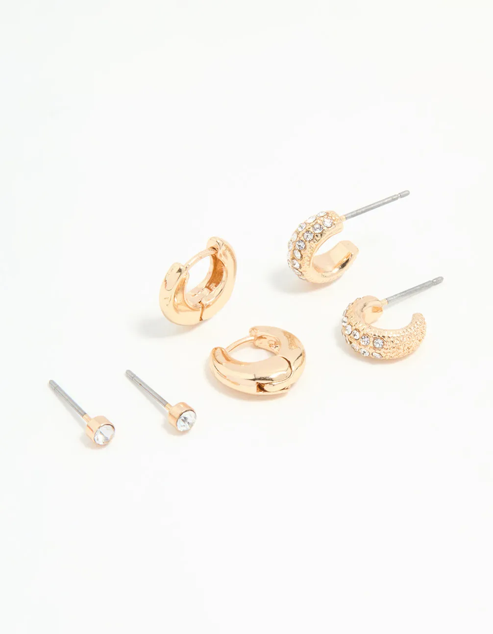 Gold Diamante Stud & Huggie Earrings 3-Pack Geometric Item