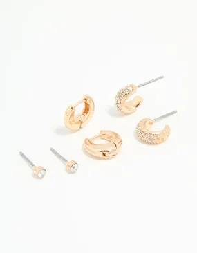 Bohemian Accent decorative item Gold Diamante Stud & Huggie Earrings 3-Pack