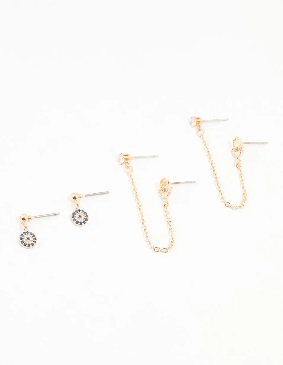 Gold Evil Eye & Hamsa Hand Chain Earrings 3-Pack Comfortable Decor Grand Ornament