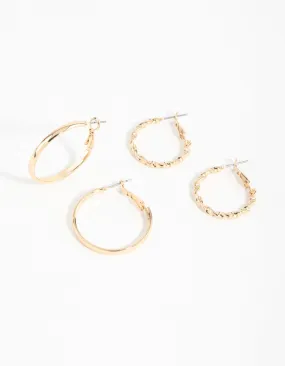 Gold Flat Twist Mixed Hoop Earrings 2-Pack Star-Shaped Accent Statement Piece