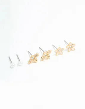 Gold Flower & Bee Stud Earrings 3-Pack Round Jewelry Unique Appearance