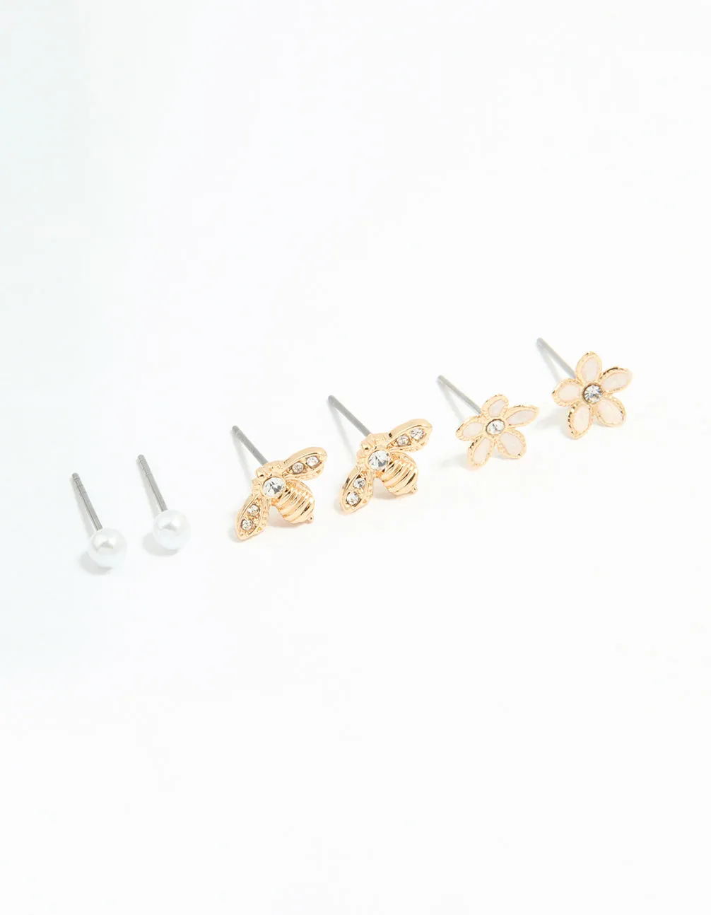 Gold Flower & Bee Stud Earrings 3-Pack Round Jewelry Unique Appearance