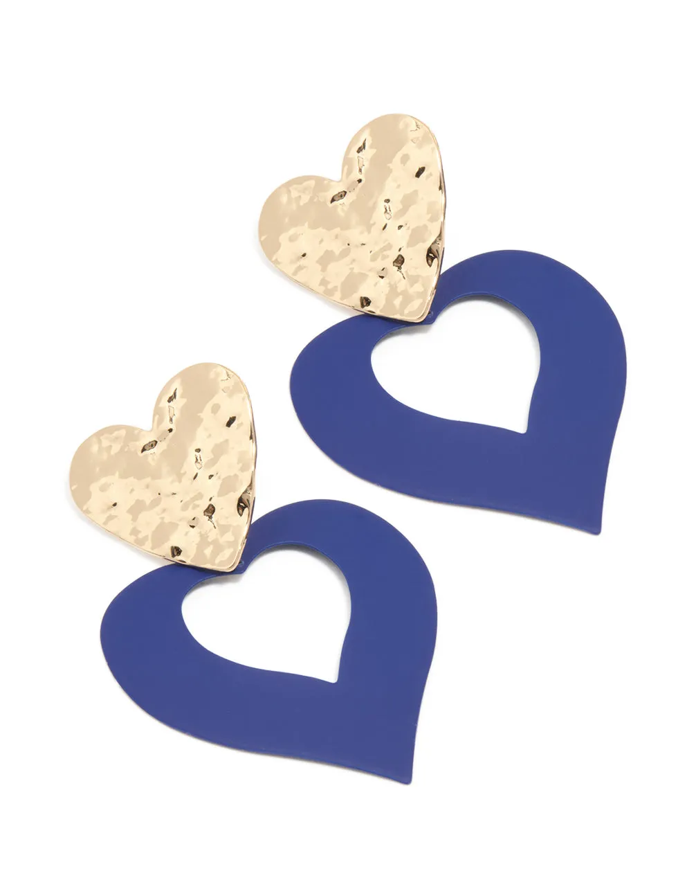 Pearlescent Item Gold Hammered & Blue Heart Drop Earrings