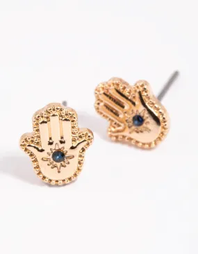 Gold Hamsa Hand Stud Earrings Daytime Decoration Vintage Piece