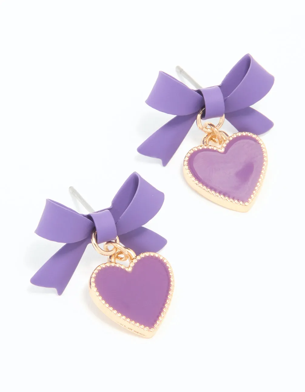 Gold Light Purple Coated Metal Bow Heart Drop Stud Earrings Summer Accessory