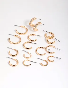 Premium Look Curved Accent Gold Mixed Diamante Hoop Earring 8-Pack