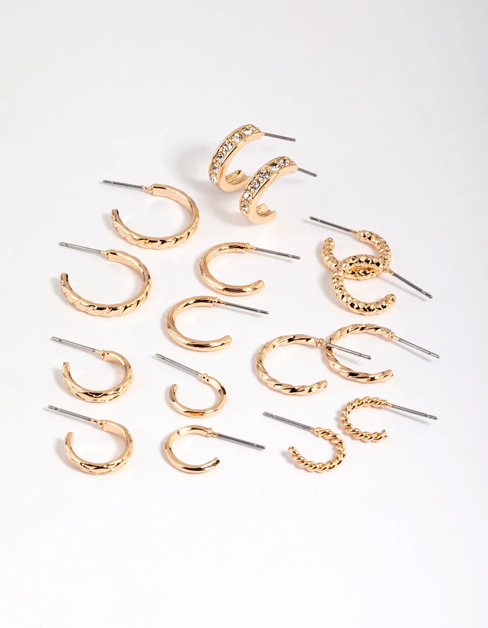 Premium Look Curved Accent Gold Mixed Diamante Hoop Earring 8-Pack