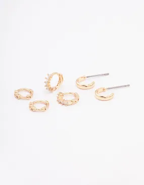 Gold Mixed Diamante Huggie Hoop Earring 3-Pack Vibrant Jewelry Opulent Trinket