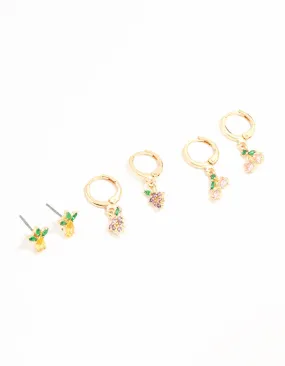 Gorgeous style Minimalist Decor Gold Mixed Fruit Studs & Huggie Earrings 3-Pack
