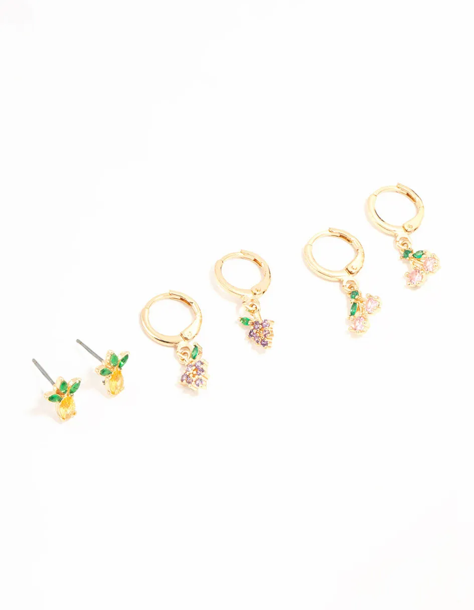 Gorgeous style Minimalist Decor Gold Mixed Fruit Studs & Huggie Earrings 3-Pack
