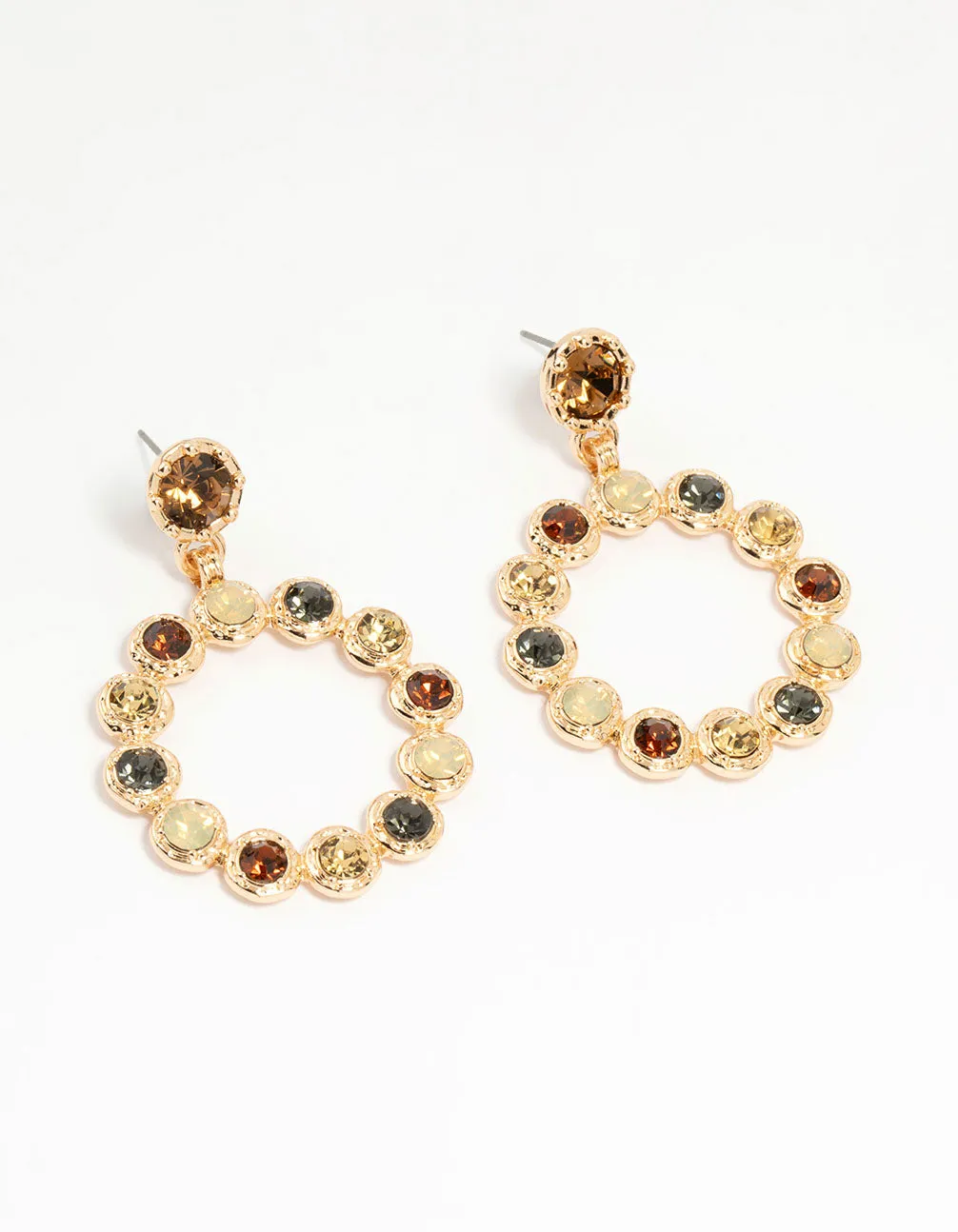 Gold Multi-Coloured Stone Circle Drop Earrings Glittering Style