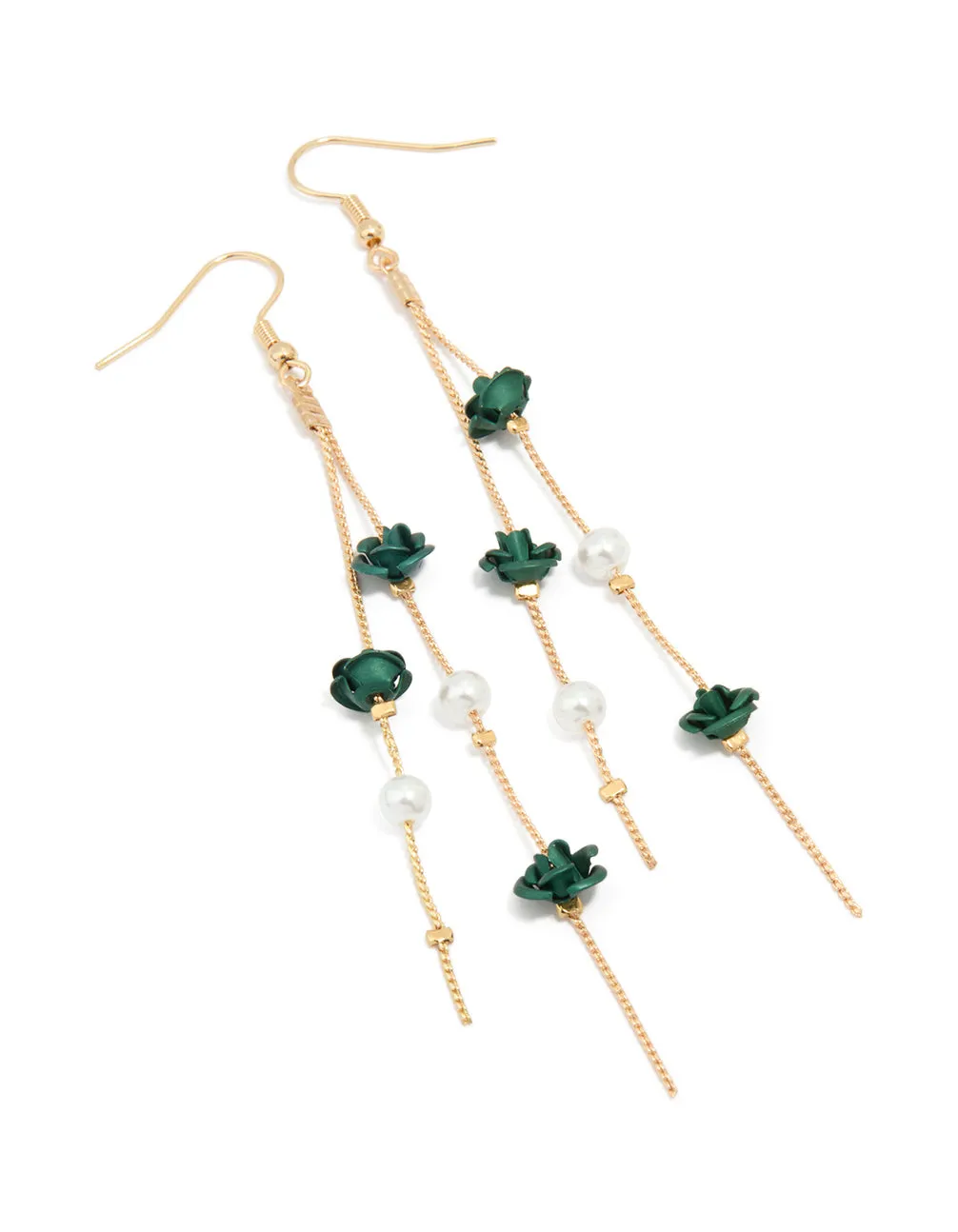 Fashionable Selection Gold Pearl & Black Rose Chain Drop Earrings