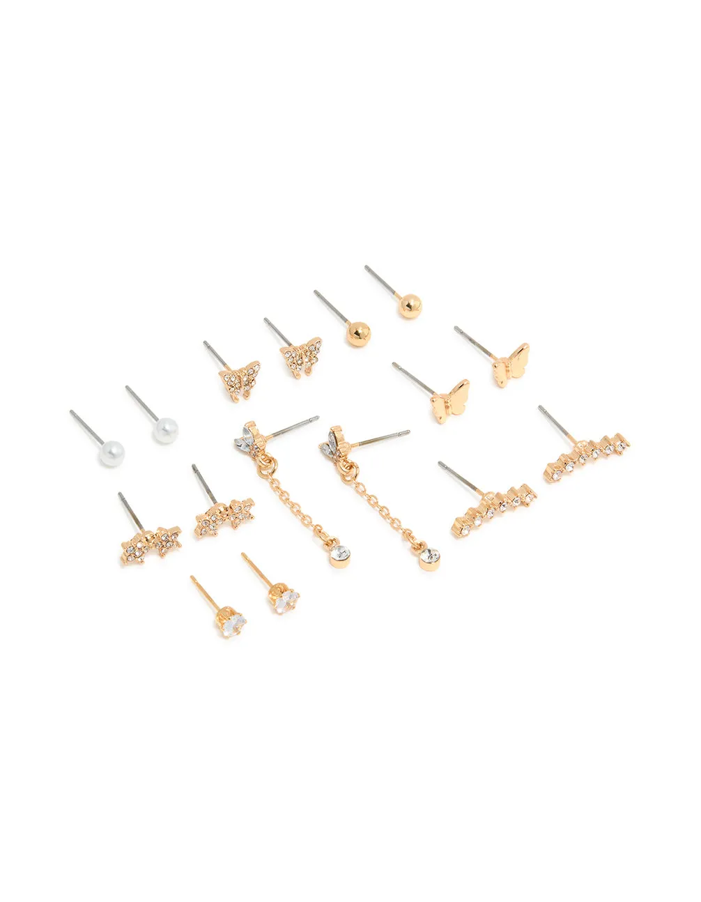 Curved Jewelry Gold Pearl & Butterfly Chain Star Earrings 8-Pack