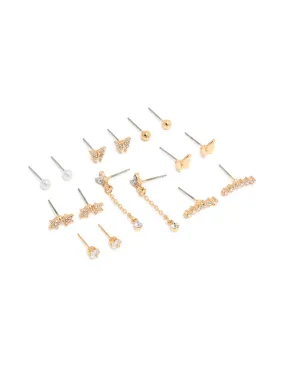 Chic Feature Gold Pearl & Butterfly Chain Star Earrings 8-Pack