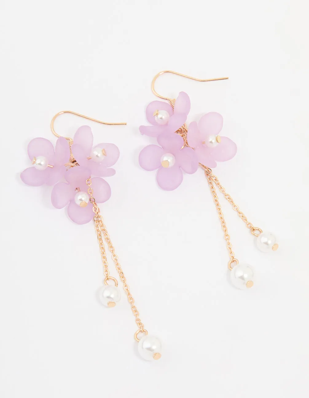 Beautiful Accent Bright Item Gold Pearl & Pink Flower Chain Drop Earrings