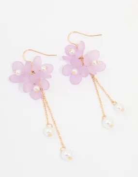 Beautiful Accent Bright Item Gold Pearl & Pink Flower Chain Drop Earrings