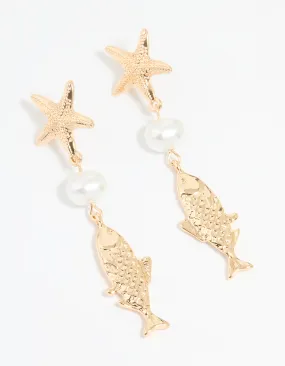 Gold Pearl Fish Drop Earrings High-Quality Look