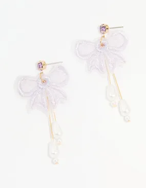 Gold Pearl Mesh Bow Drop Earrings Beach Item