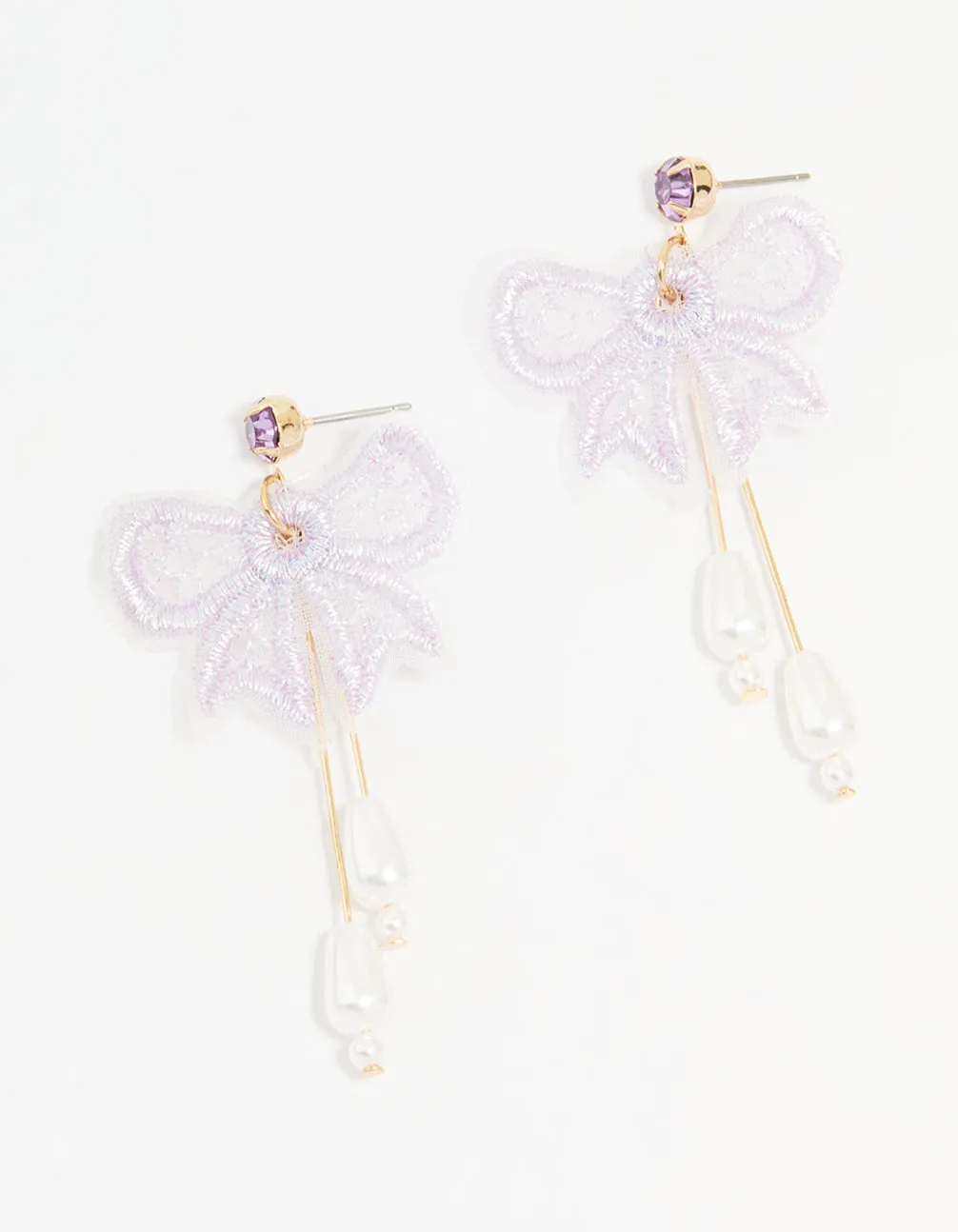 Gold Pearl Mesh Bow Drop Earrings Oval Decoration