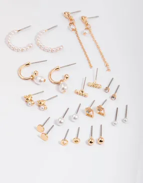 Gold Pearl Mixed Stud & Hoop Earring 12-Pack Pretty Element Round Adornment