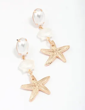 Gold Pearl Starfish Drop Earrings Premium Adornment