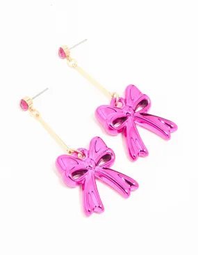 Exquisite Aesthetic Rectangular Piece Gold Pink Diamante Bubble Bow Drop Earrings