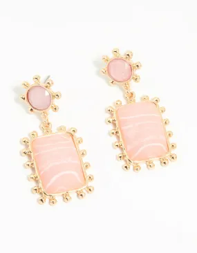 Gold Pink Stone Square Drop Earrings Lustrous Ornament