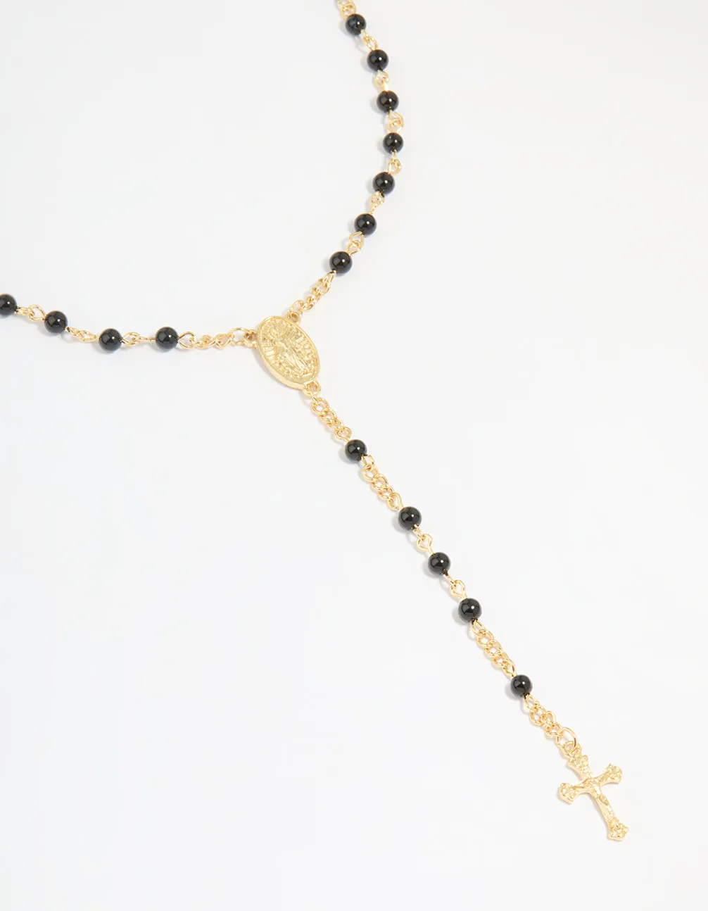 Gold Plated Black Onyx & Cross Lariat Necklace Chic Layer