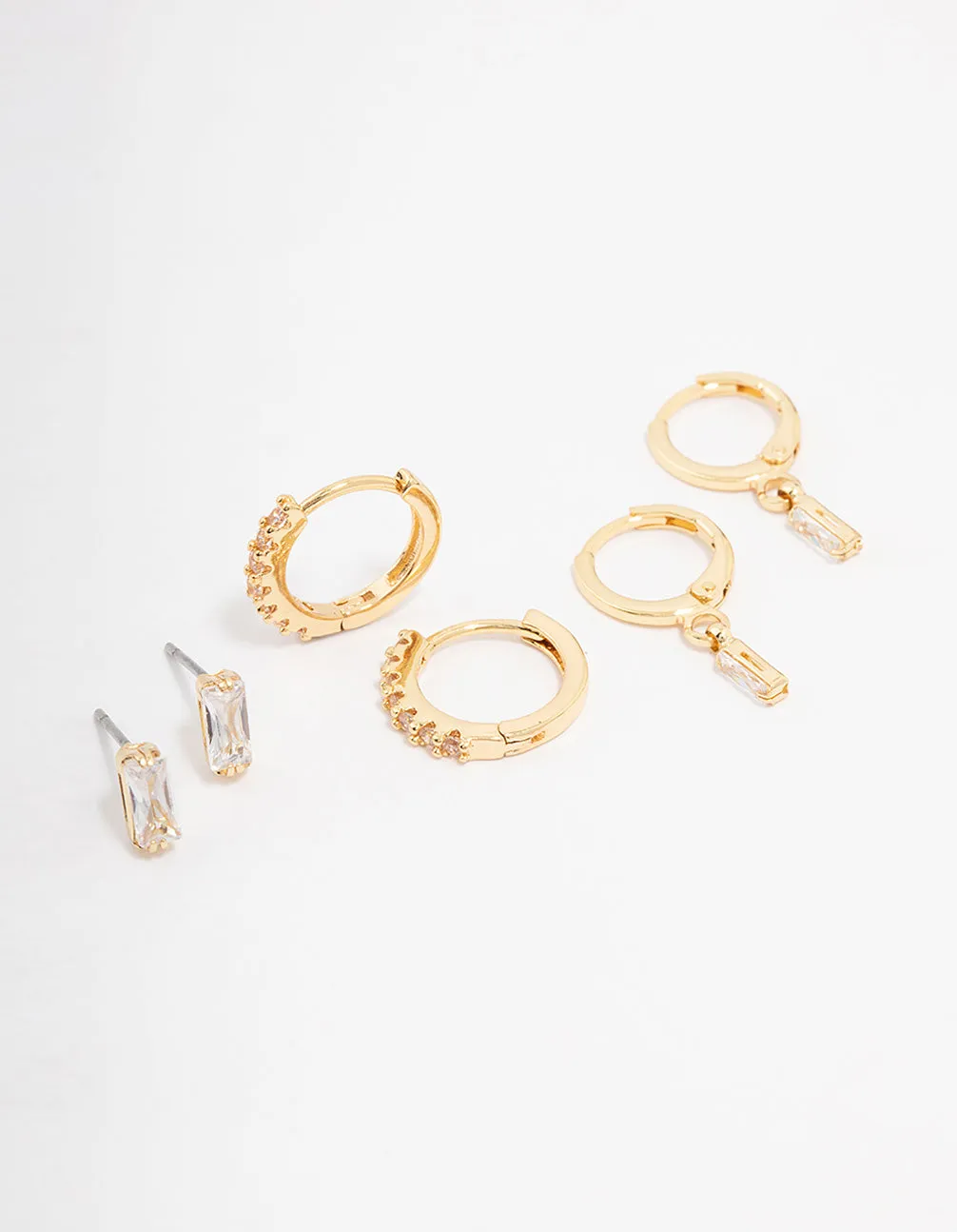 Gold Plated Brass Baguette Stud & Huggie Earring 3-Pack Avant-Garde Ornament Linear Ornament