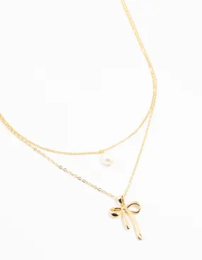 Body Adornment Professional Look Gold Plated Brass Bow & Pearl Layered Necklace