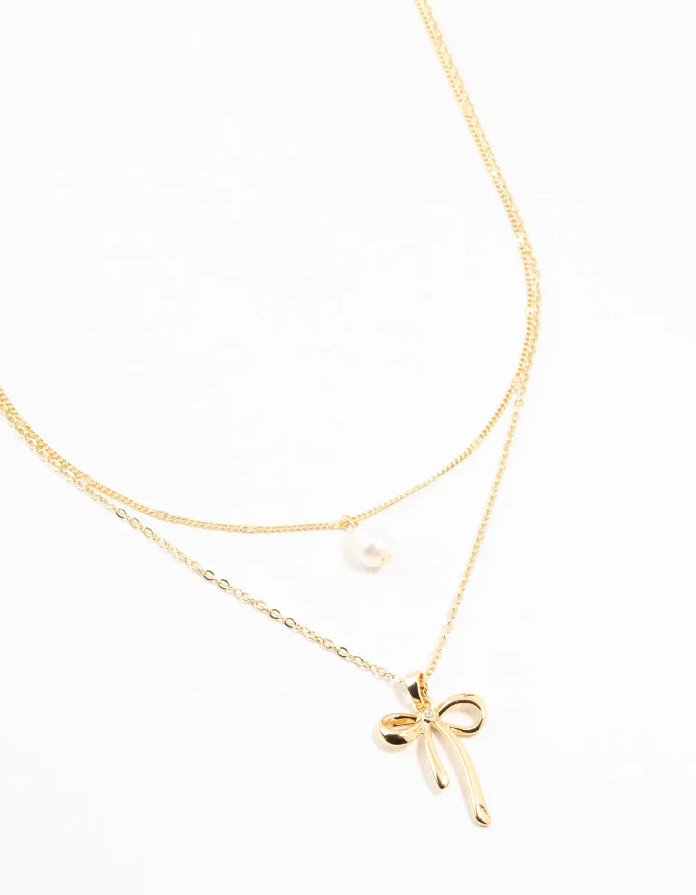 Gold Plated Brass Bow & Pearl Layered Necklace Birthday Wish New collection