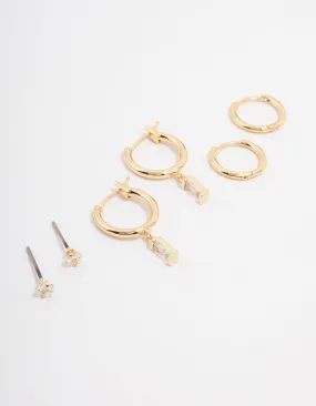 Gold Plated Brass Cubic Zirconia Baguette Hoop Earring 3-Pack Refined Feature Stylish Jewelry