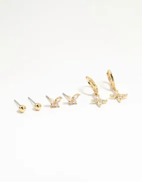 Gold Plated Brass Cubic Zirconia Butterfly & Flower Earrings 4-Pack Sturdy Accent